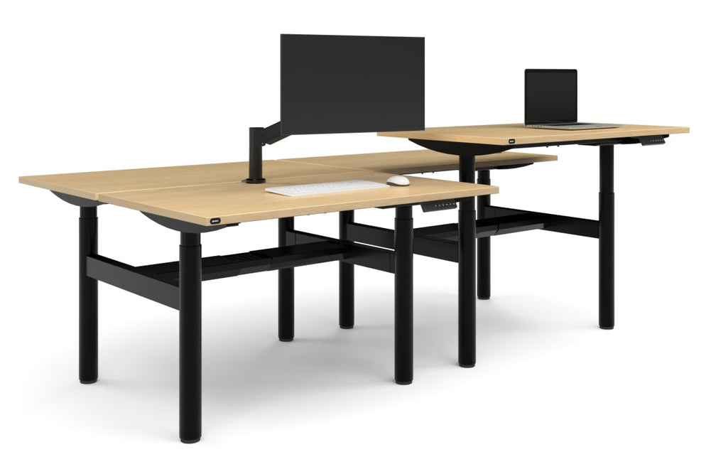 Flexi Height Adjustable 4 Person H-Bench Workstation - Black Frame [1200L x 700W]-maple none black cable tray