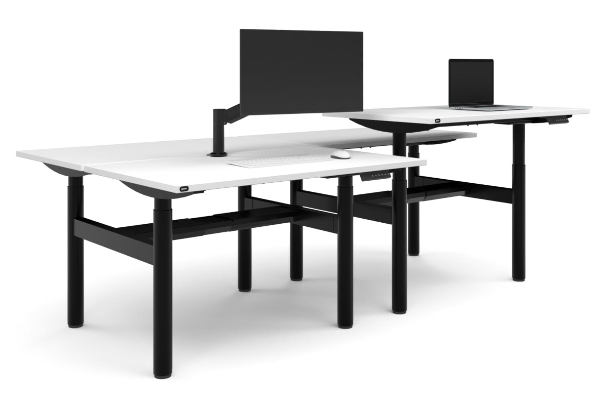 Flexi Height Adjustable 4 Person H-Bench Workstation - Black Frame [1200L x 700W]-white none black cable tray
