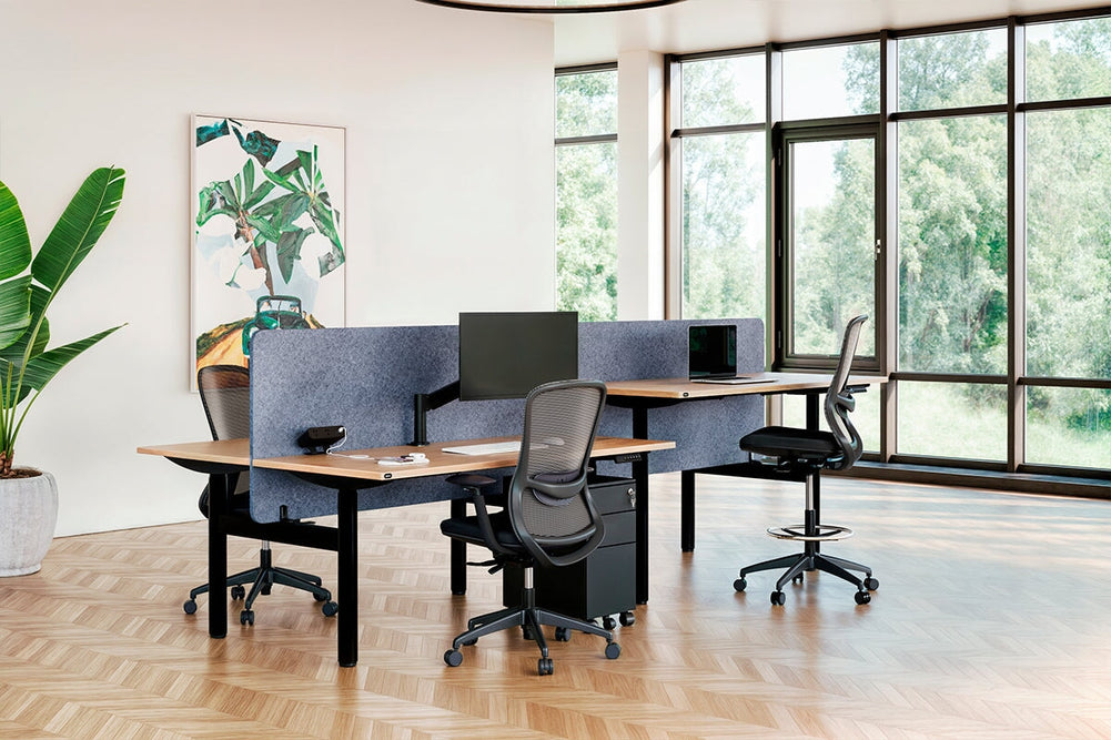Flexi Height Adjustable 4 Person H-Bench Workstation - Black Frame [1200L x 800W with Cable Scallop]-dark oak moody charchoal (820H x 1200W) black cable tray