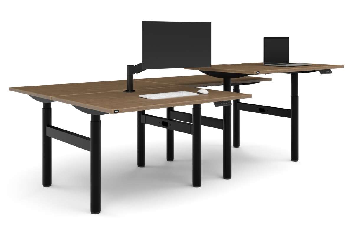 Flexi Height Adjustable 4 Person H-Bench Workstation - Black Frame [1200L x 800W with Cable Scallop]-salvage oak none none