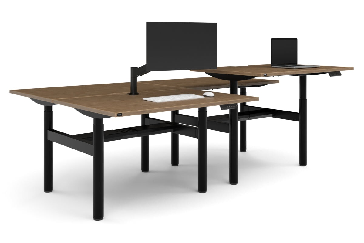 Flexi Height Adjustable 4 Person H-Bench Workstation - Black Frame [1400L x 800W with Cable Scallop]-salvage oak none black cable tray