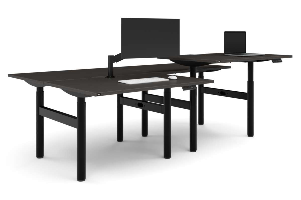 Flexi Height Adjustable 4 Person H-Bench Workstation - Black Frame [1400L x 800W with Cable Scallop]-dark oak none none