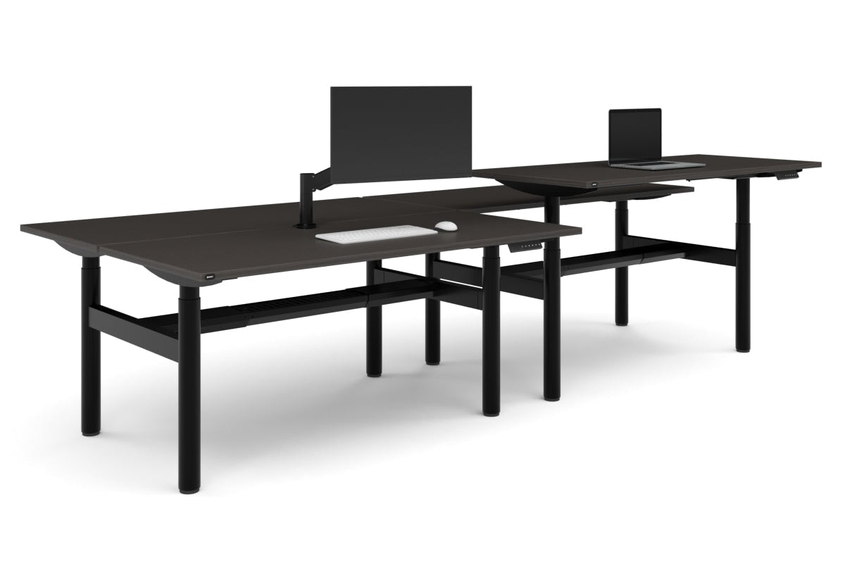 Flexi Height Adjustable 4 Person H-Bench Workstation - Black Frame [1600L x 700W]-dark oak none black cable tray