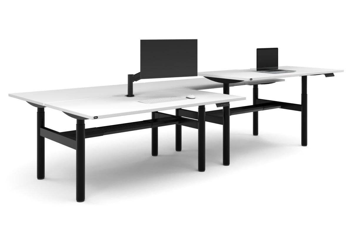Flexi Height Adjustable 4 Person H-Bench Workstation - Black Frame [1600L x 800W with Cable Scallop]-white none black cable tray