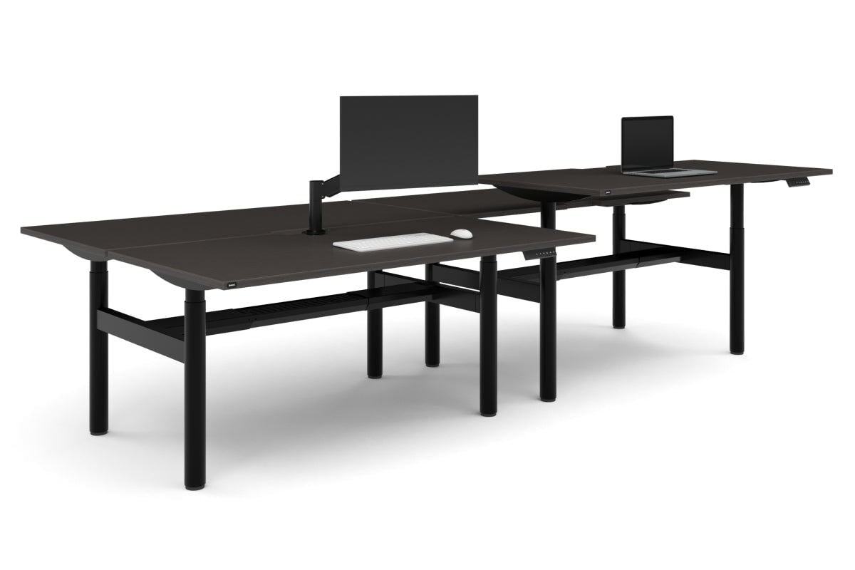 Flexi Height Adjustable 4 Person H-Bench Workstation - Black Frame [1600L x 800W with Cable Scallop]-dark oak none black cable tray