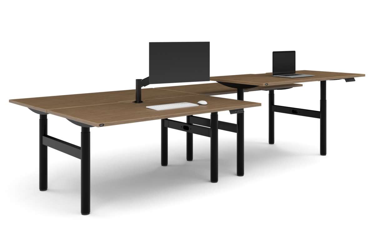 Flexi Height Adjustable 4 Person H-Bench Workstation - Black Frame [1600L x 800W with Cable Scallop]-salvage oak none none