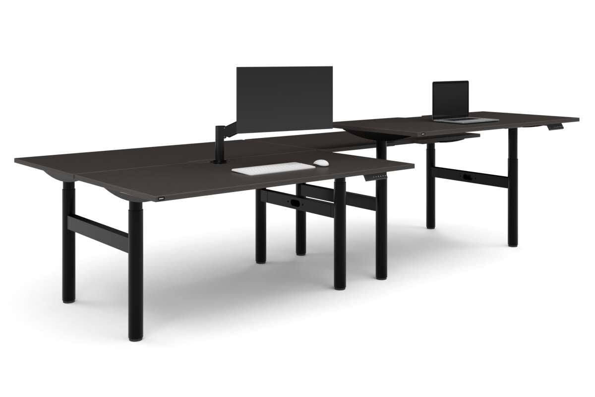 Flexi Height Adjustable 4 Person H-Bench Workstation - Black Frame [1600L x 800W with Cable Scallop]-dark oak none none