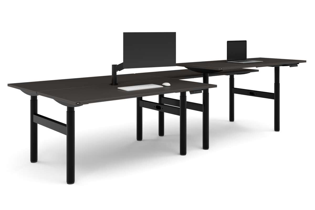 Flexi Height Adjustable 4 Person H-Bench Workstation - Black Frame [1800L x 700W]-dark oak none none