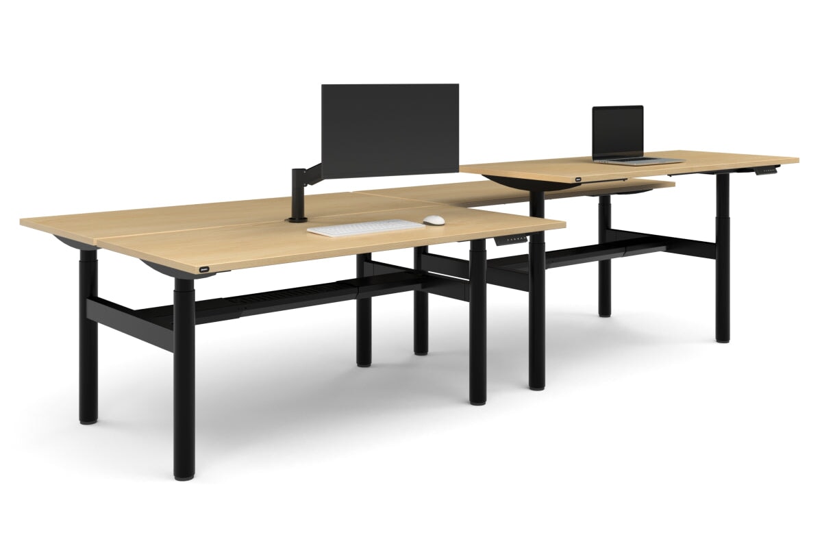 Flexi Height Adjustable 4 Person H-Bench Workstation - Black Frame [1800L x 700W]-maple none black cable tray