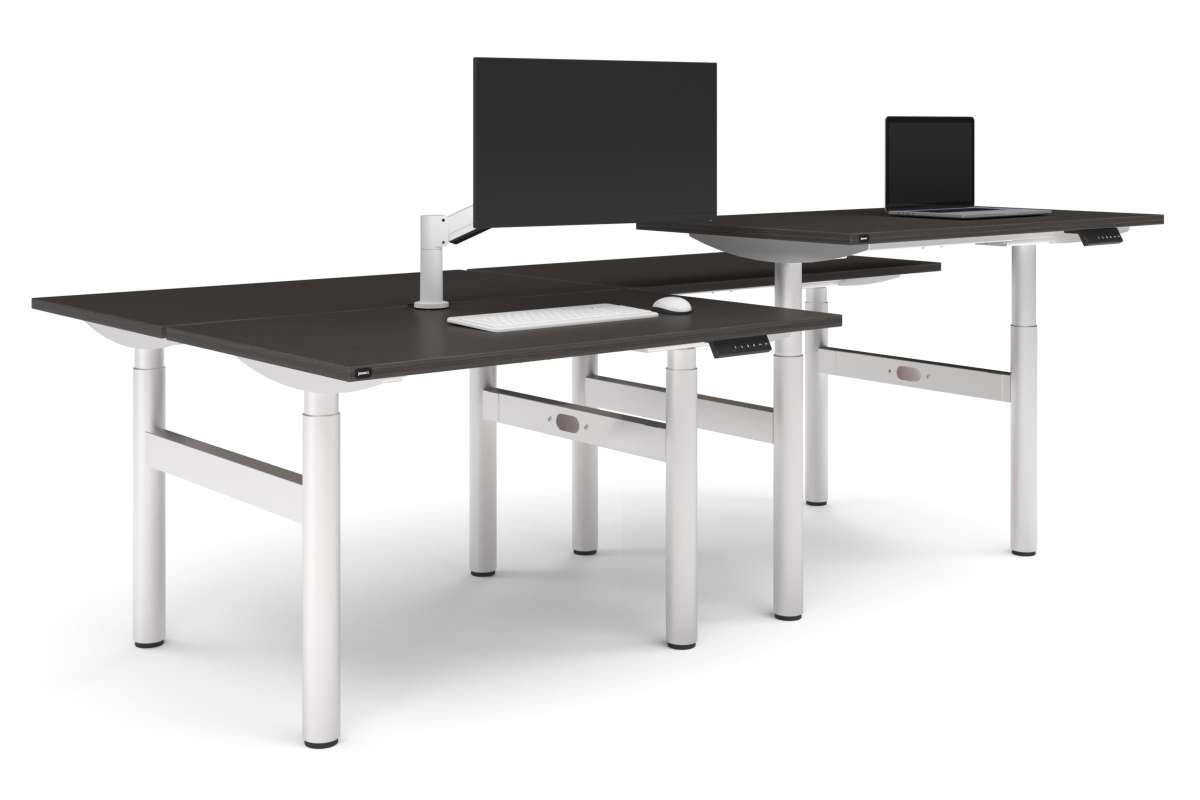 Flexi Height Adjustable 4 Person H-Bench Workstation - White Frame [1200L x 700W]-dark oak none none
