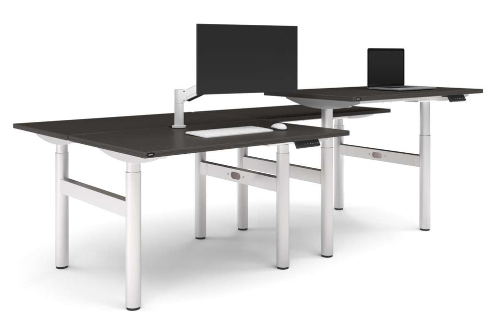 Flexi Height Adjustable 4 Person H-Bench Workstation - White Frame [1400L x 700W]-dark oak none none