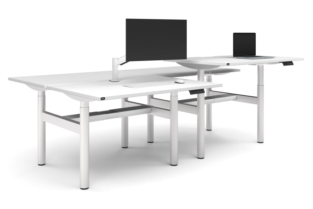 Flexi Height Adjustable 4 Person H-Bench Workstation - White Frame [1400L x 800W with Cable Scallop]-white none white cable tray