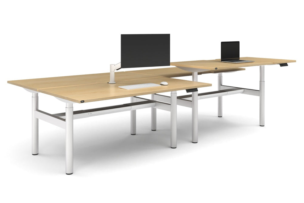 Flexi Height Adjustable 4 Person H-Bench Workstation - White Frame [1800L x 800W with Cable Scallop]-maple none white cable tray
