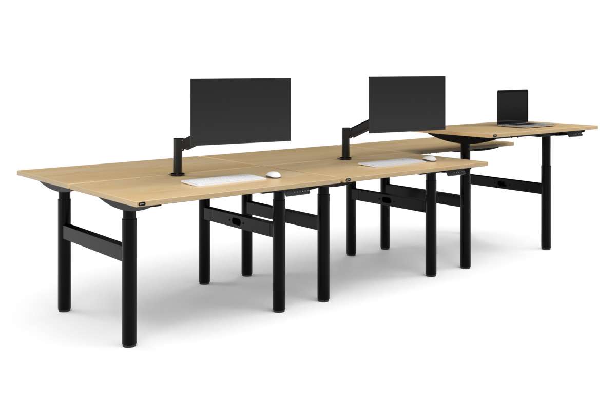 Flexi Height Adjustable 6 Person H-Bench Workstation - Black Frame [1200L x 700W]-maple none none