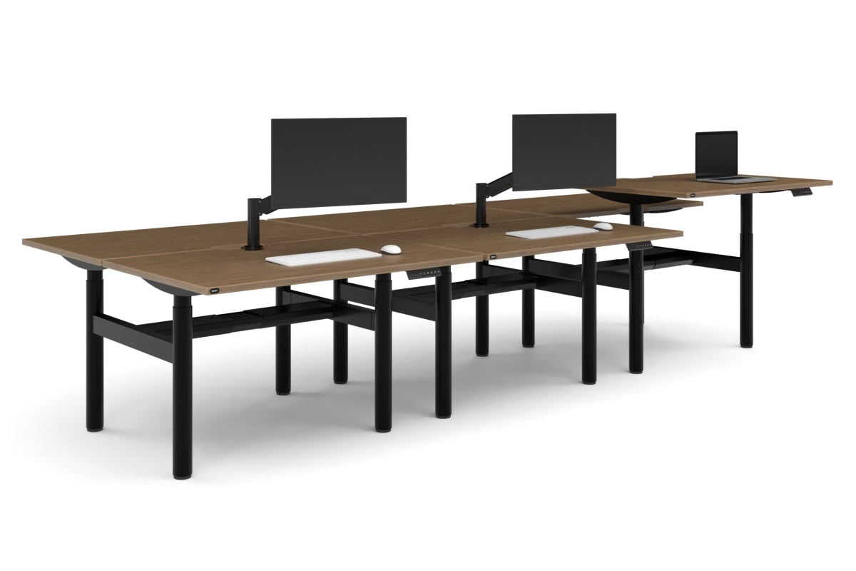 Flexi Height Adjustable 6 Person H-Bench Workstation - Black Frame [1200L x 800W with Cable Scallop]-salvage oak none black cable tray