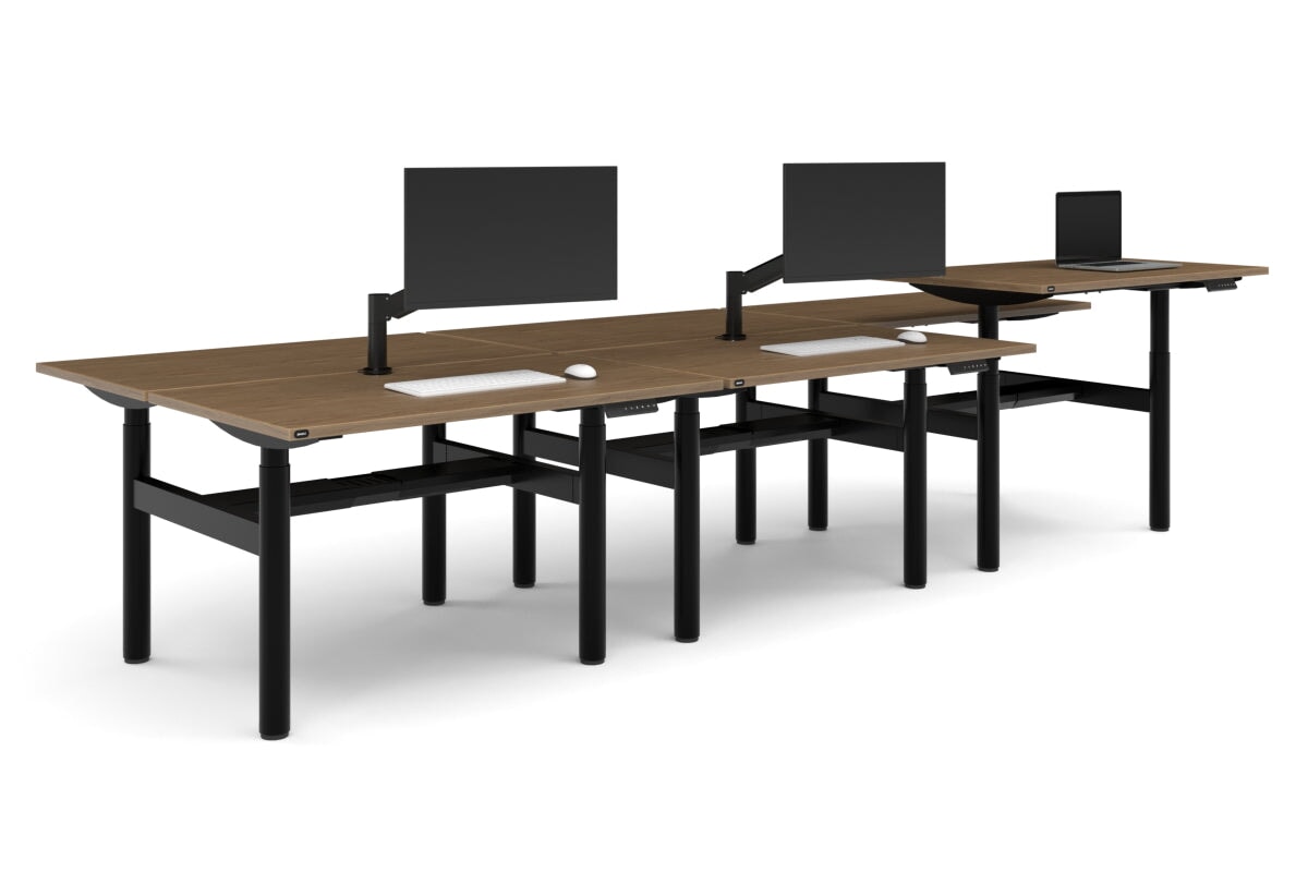 Flexi Height Adjustable 6 Person H-Bench Workstation - Black Frame [1400L x 700W]-dark oak moody charchoal (820H x 1400W) black cable tray