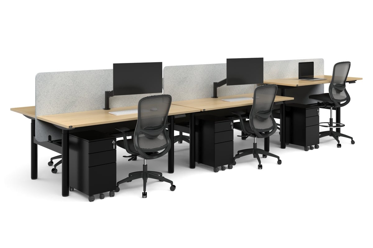 Flexi Height Adjustable 6 Person H-Bench Workstation - Black Frame [1400L x 700W]-dark oak moody charchoal (820H x 1400W) black cable tray