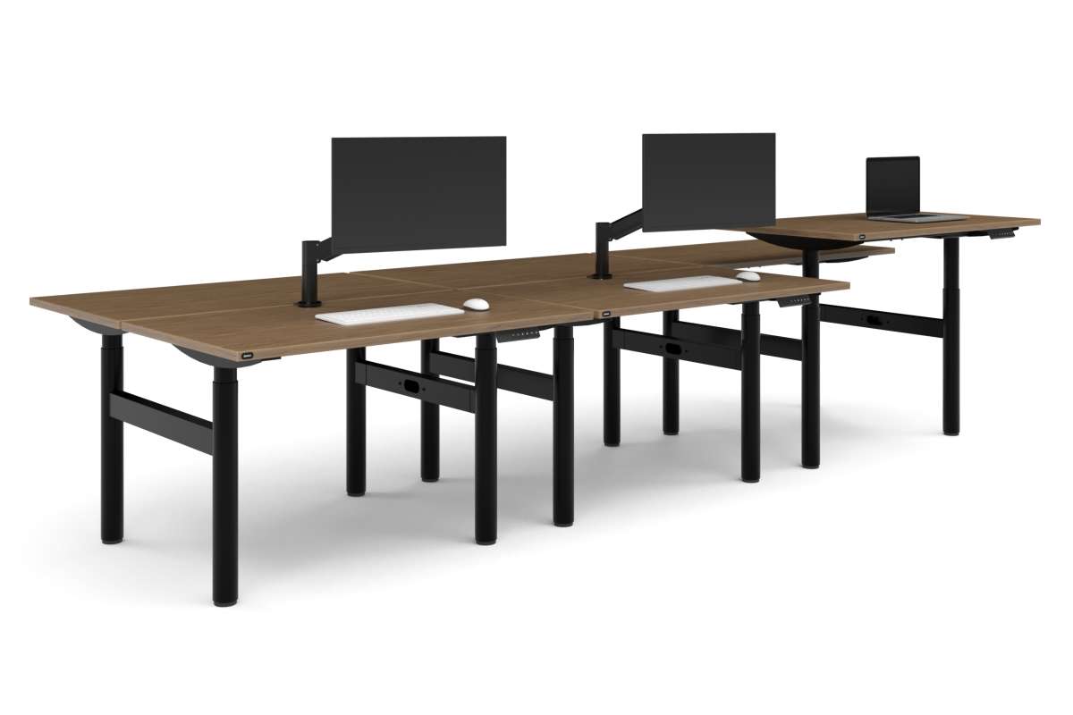 Flexi Height Adjustable 6 Person H-Bench Workstation - Black Frame [1400L x 700W]-dark oak moody charchoal (820H x 1400W) black cable tray