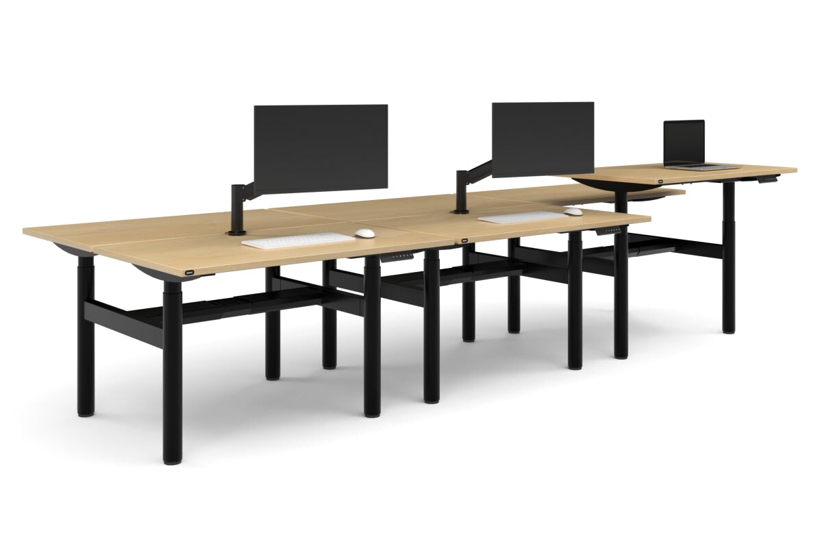 Flexi Height Adjustable 6 Person H-Bench Workstation - Black Frame [1400L x 700W]-dark oak moody charchoal (820H x 1400W) black cable tray