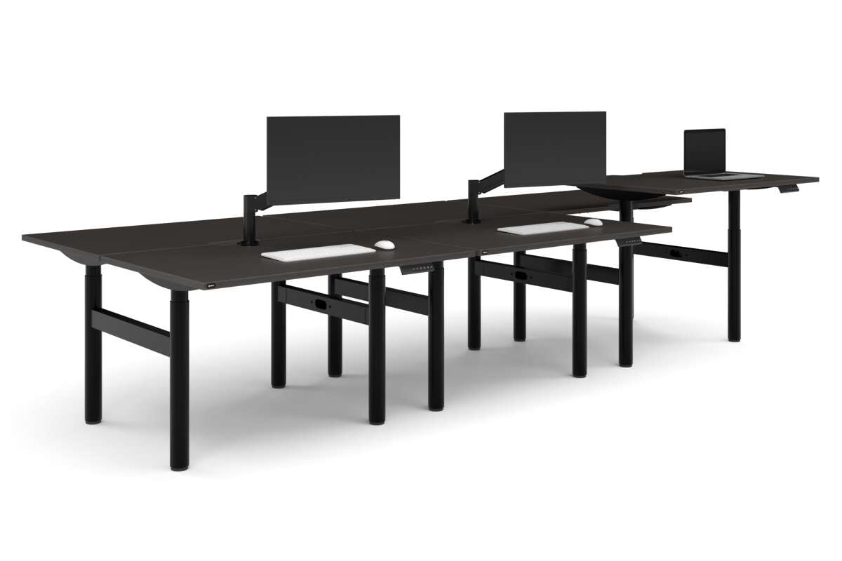 Flexi Height Adjustable 6 Person H-Bench Workstation - Black Frame [1400L x 800W with Cable Scallop]-dark oak moody charchoal (820H x 1400W) black cable tray