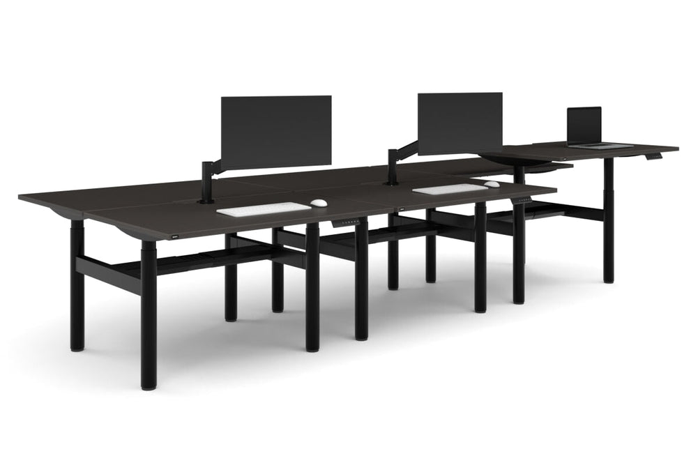 Flexi Height Adjustable 6 Person H-Bench Workstation - Black Frame [1400L x 800W with Cable Scallop]-dark oak moody charchoal (820H x 1400W) black cable tray