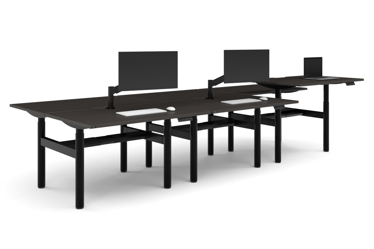Flexi Height Adjustable 6 Person H-Bench Workstation - Black Frame [1400L x 800W with Cable Scallop]-dark oak moody charchoal (820H x 1400W) black cable tray