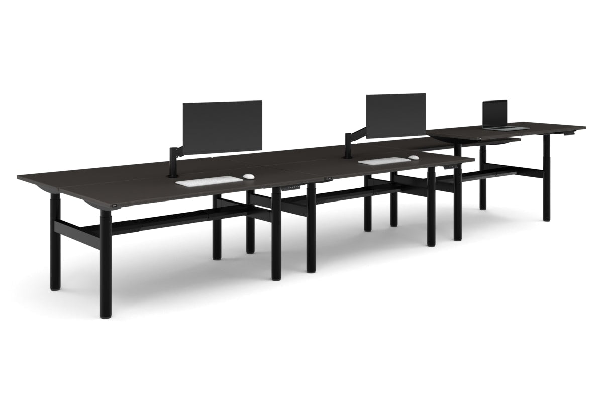 Flexi Height Adjustable 6 Person H-Bench Workstation - Black Frame [1600L x 700W]-dark oak none black cable tray