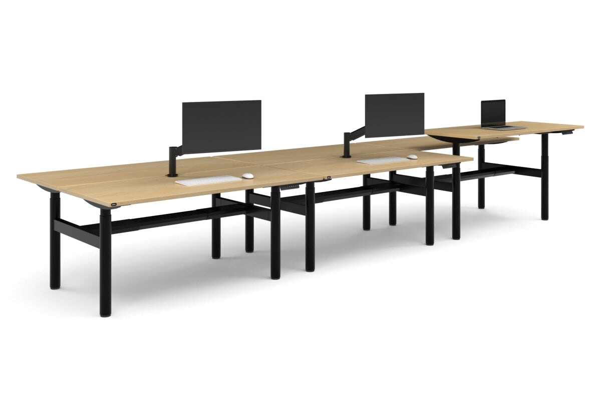 Flexi Height Adjustable 6 Person H-Bench Workstation - Black Frame [1600L x 700W]-maple none black cable tray