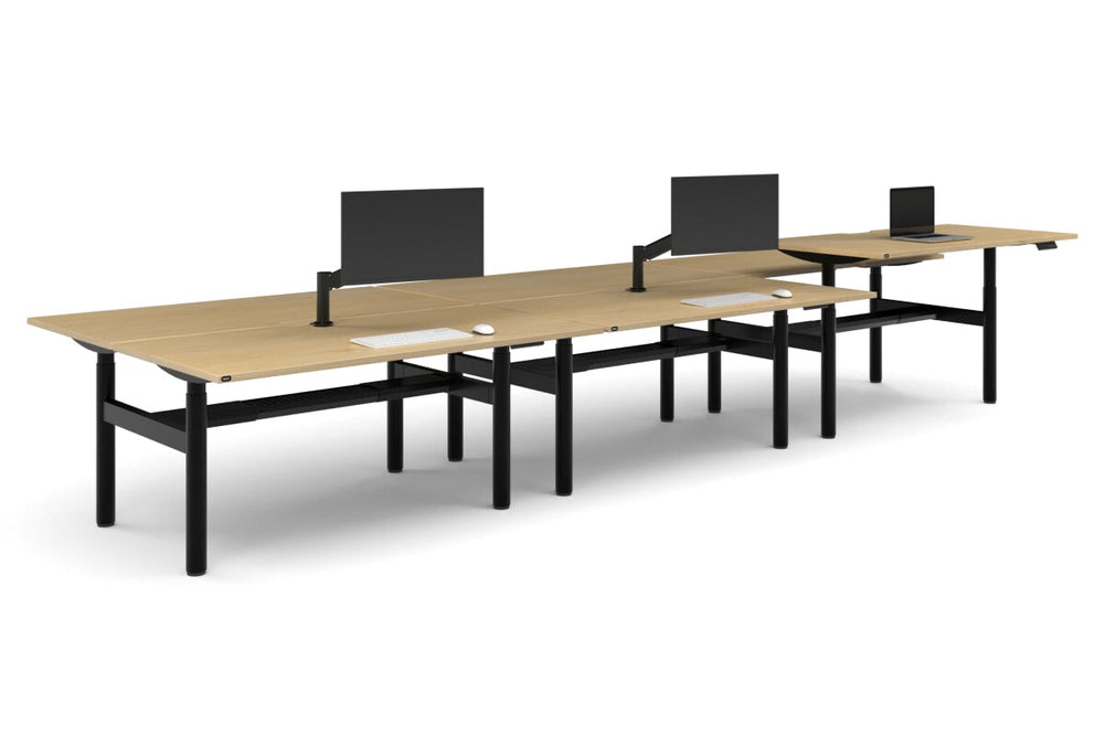 Flexi Height Adjustable 6 Person H-Bench Workstation - Black Frame [1600L x 800W with Cable Scallop]-dark oak moody charcoal (820H x 1600W) black cable tray