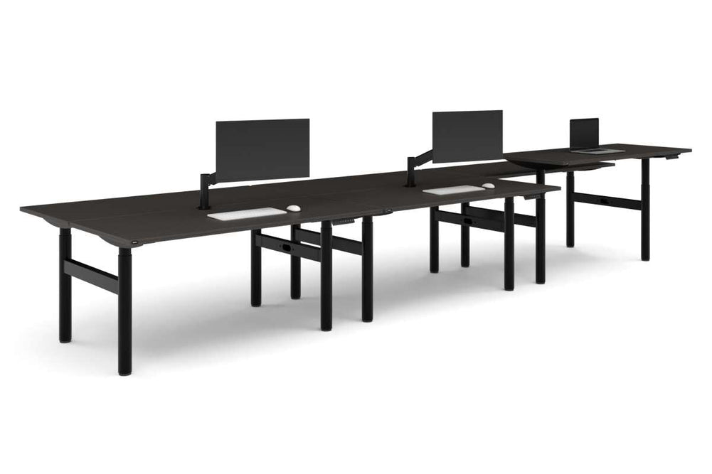 Flexi Height Adjustable 6 Person H-Bench Workstation - Black Frame [1800L x 700W]-dark oak moody charcoal (820H x 1800W) black cable tray