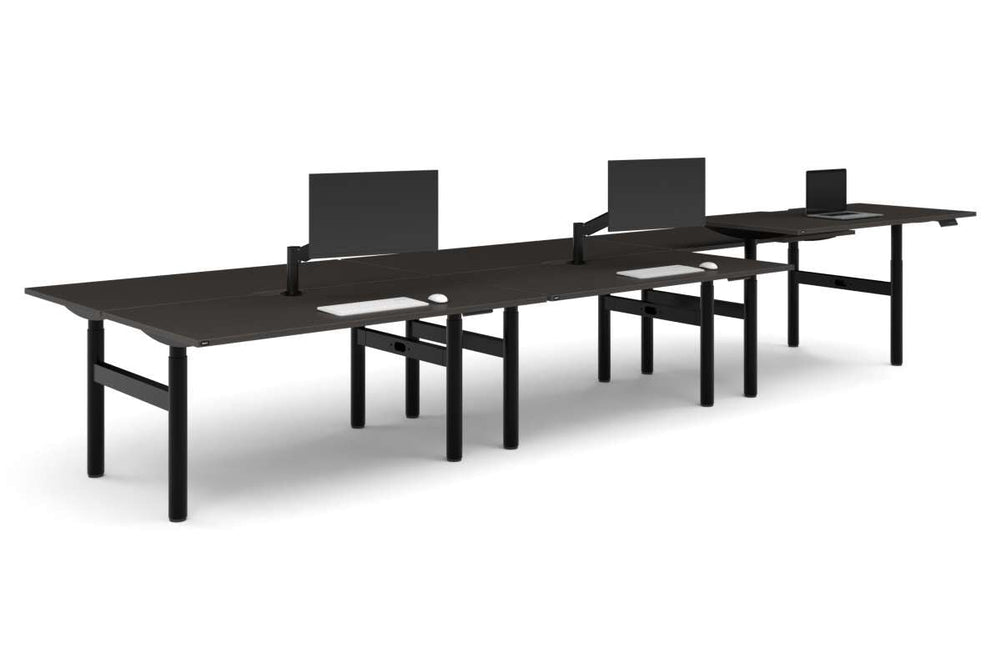 Flexi Height Adjustable 6 Person H-Bench Workstation - Black Frame [1800L x 800W with Cable Scallop]-dark oak moody charcoal (820H x 1800W) black cable tray
