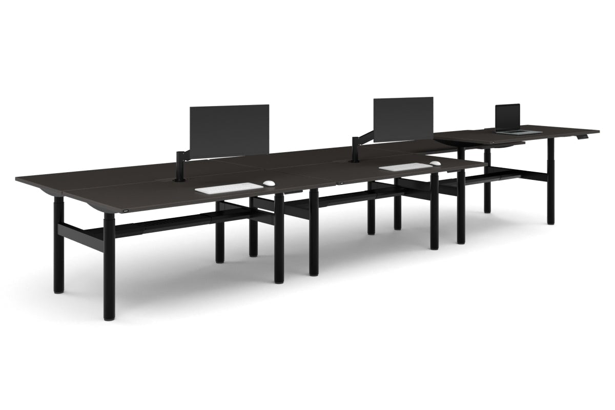 Flexi Height Adjustable 6 Person H-Bench Workstation - Black Frame [1800L x 800W with Cable Scallop]-dark oak moody charcoal (820H x 1800W) black cable tray