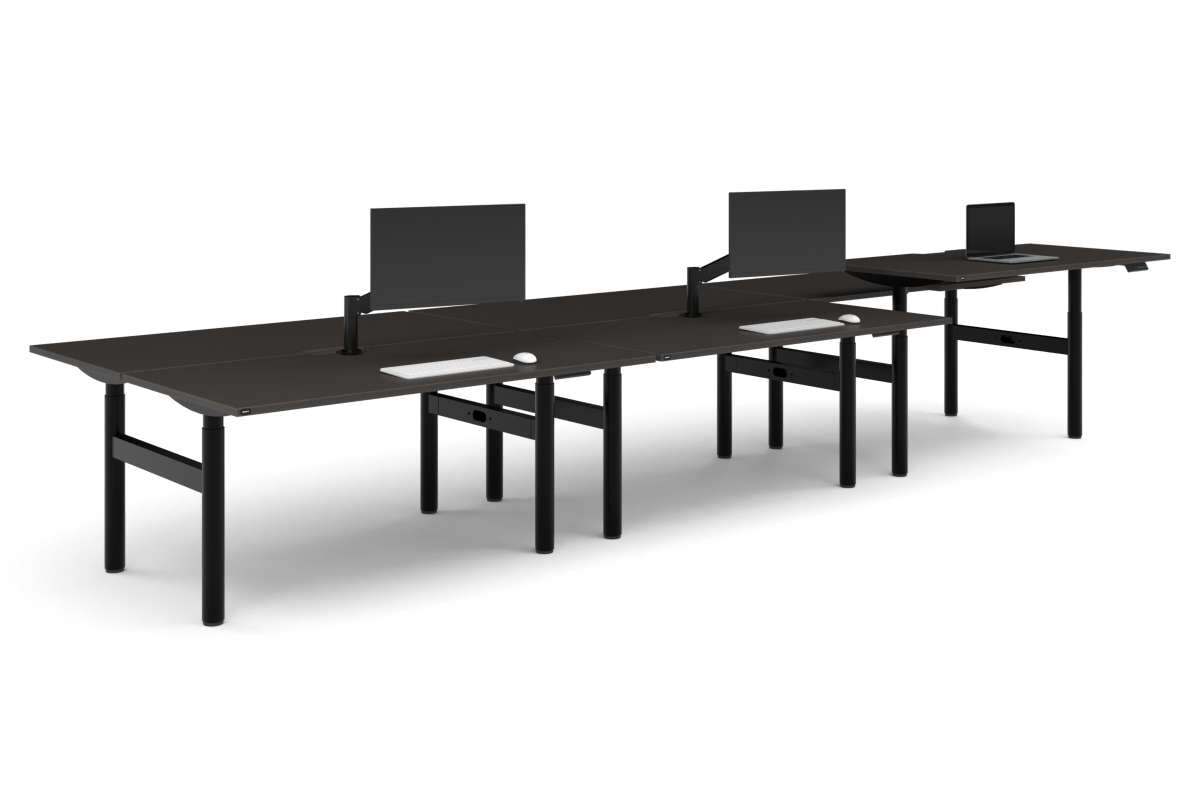 Flexi Height Adjustable 6 Person H-Bench Workstation - Black Frame [1800L x 800W with Cable Scallop]-dark oak none none