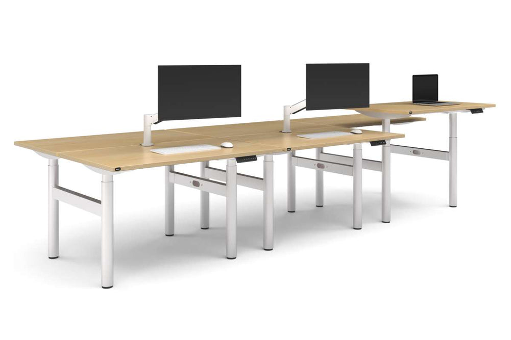 Flexi Height Adjustable 6 Person H-Bench Workstation - White Frame [1200L x 700W]-dark oak moody charchoal (820H x 1200W) white cable tray