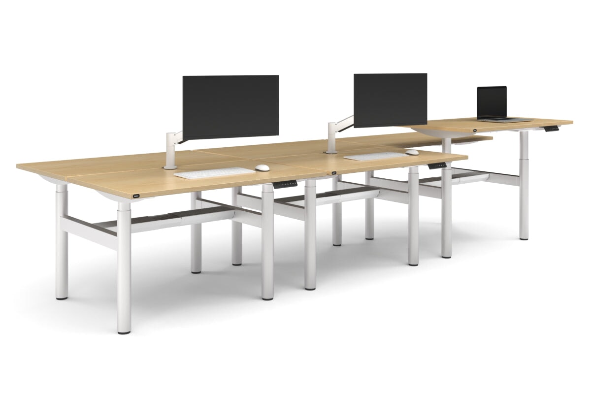 Flexi Height Adjustable 6 Person H-Bench Workstation - White Frame [1200L x 700W]-maple none white cable tray