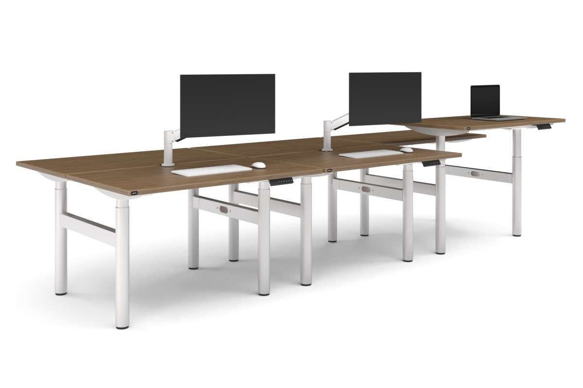 Flexi Height Adjustable 6 Person H-Bench Workstation - White Frame [1400L x 700W]-dark oak moody charchoal (820H x 1400W) white cable tray