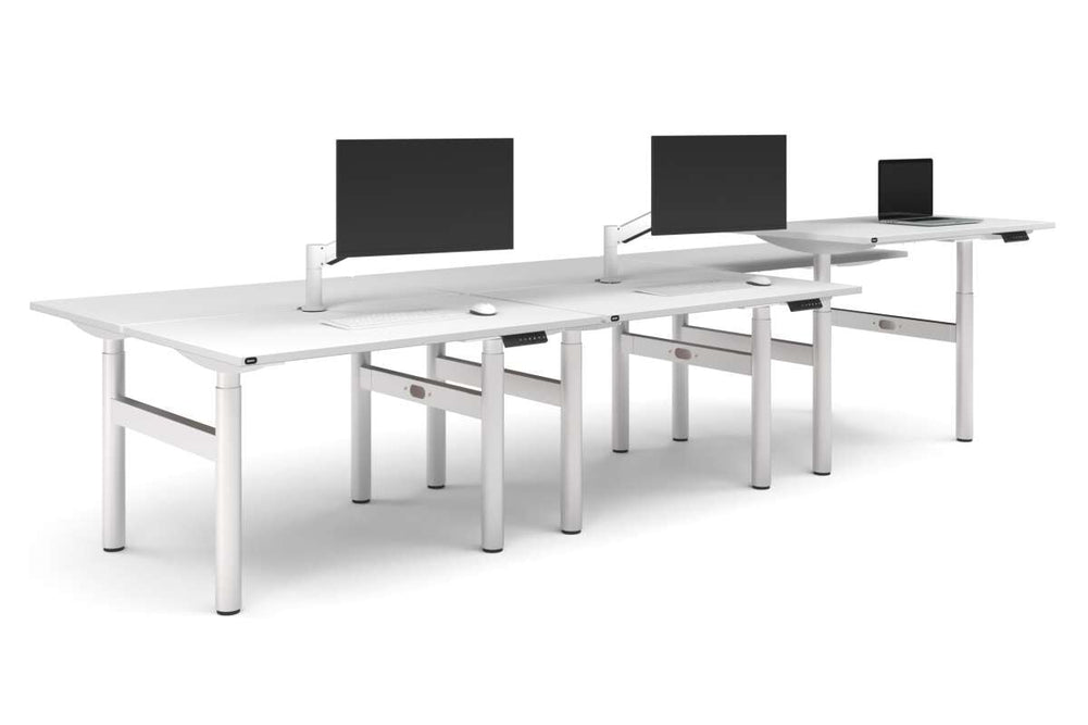 Flexi Height Adjustable 6 Person H-Bench Workstation - White Frame [1400L x 700W]-dark oak moody charchoal (820H x 1400W) white cable tray