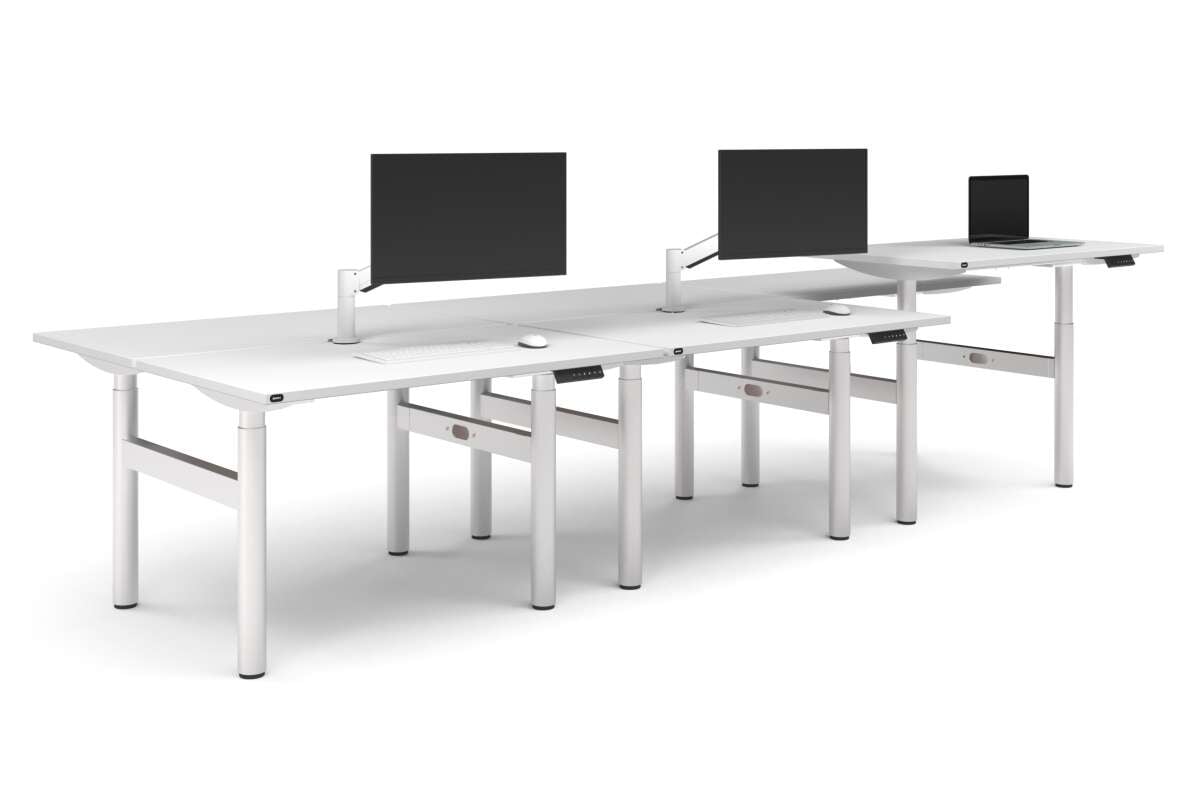 Flexi Height Adjustable 6 Person H-Bench Workstation - White Frame [1400L x 700W]-dark oak moody charchoal (820H x 1400W) white cable tray