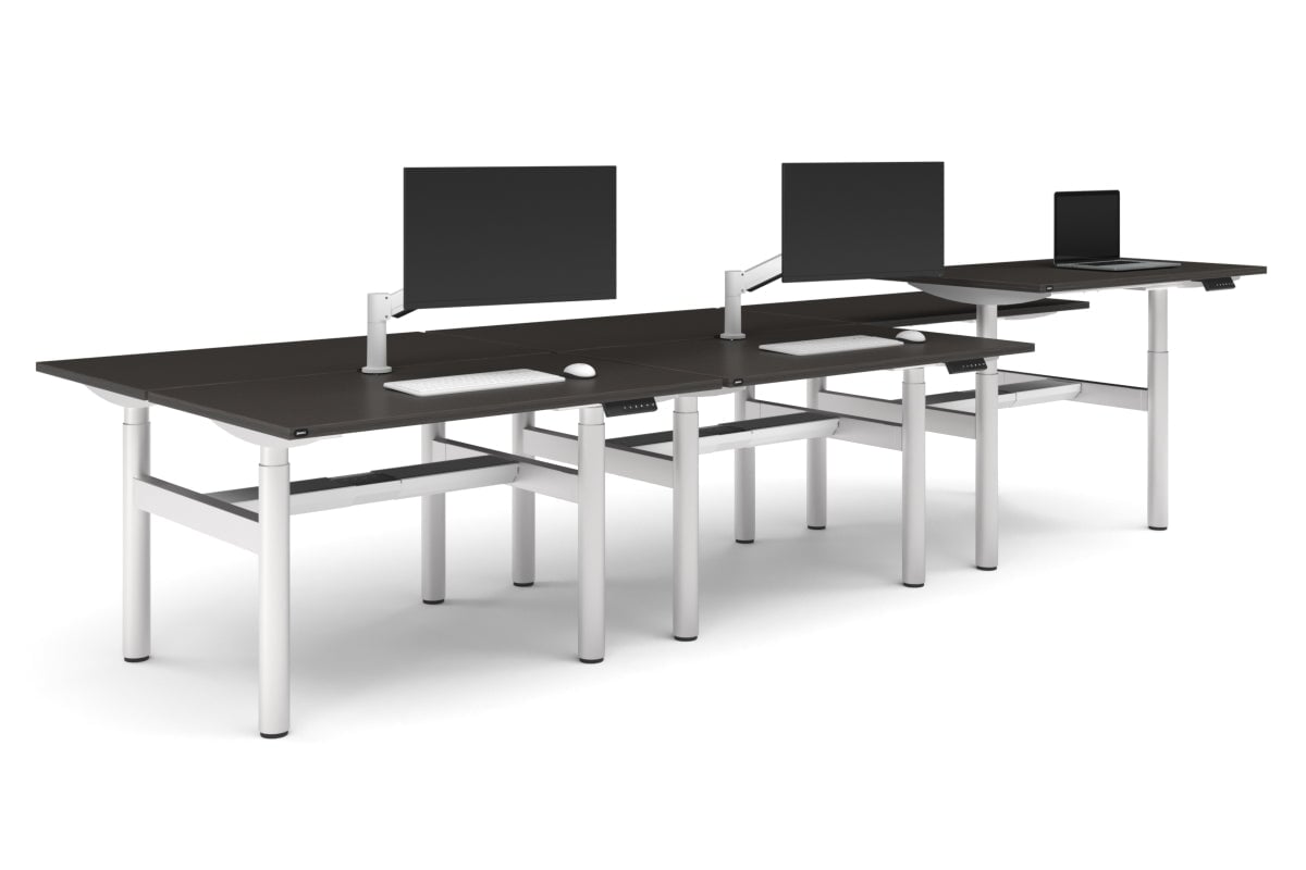 Flexi Height Adjustable 6 Person H-Bench Workstation - White Frame [1400L x 700W]-dark oak none white cable tray