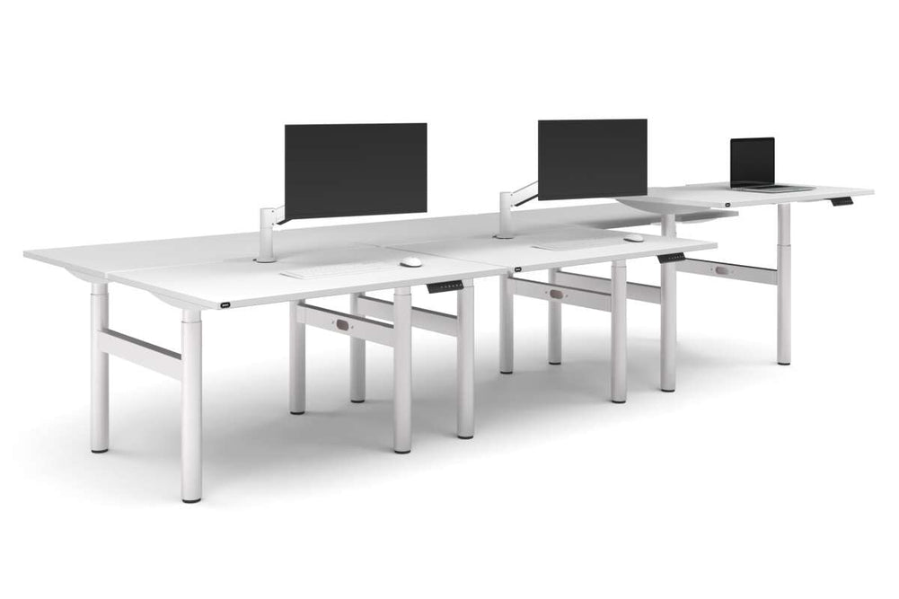 Flexi Height Adjustable 6 Person H-Bench Workstation - White Frame [1400L x 800W with Cable Scallop]-dark oak moody charchoal (820H x 1400W) white cable tray