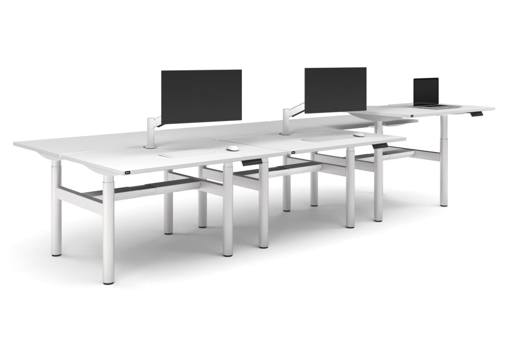Flexi Height Adjustable 6 Person H-Bench Workstation - White Frame [1400L x 800W with Cable Scallop]-white none white cable tray