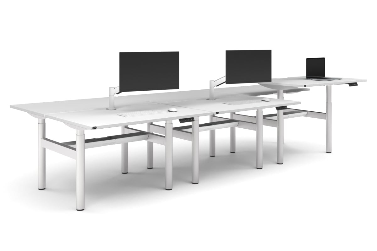 Flexi Height Adjustable 6 Person H-Bench Workstation - White Frame [1400L x 800W with Cable Scallop]-dark oak moody charchoal (820H x 1400W) white cable tray