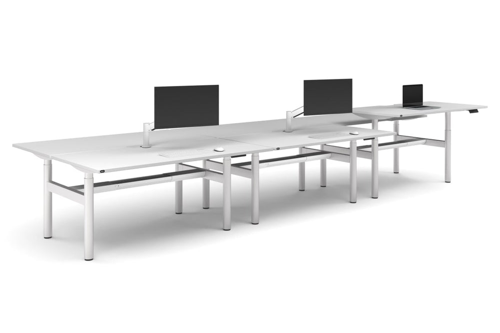Flexi Height Adjustable 6 Person H-Bench Workstation - White Frame [1600L x 800W with Cable Scallop]-dark oak moody charcoal (820H x 1600W) white cable tray