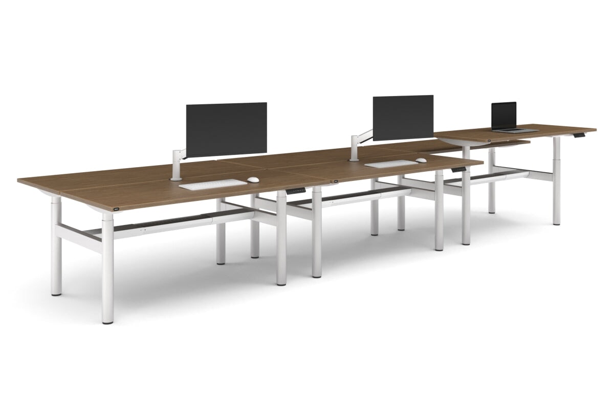 Flexi Height Adjustable 6 Person H-Bench Workstation - White Frame [1800L x 700W]-dark oak moody charcoal (820H x 1800W) white cable tray