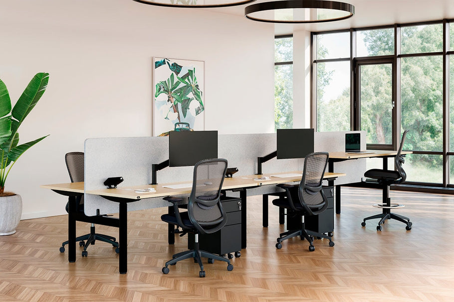 Environmental image of Flexi Height Adjustable 6 Person H-Bench Workstation - White Frame [1800L x 800W with Cable Scallop]