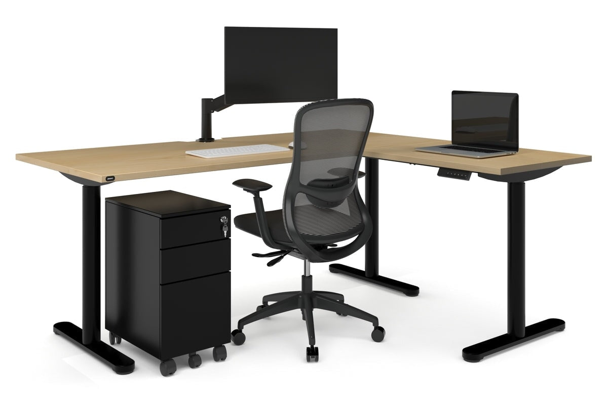 Flexi Height Adjustable Corner Workstation [1400L x 1800W with Cable Scallop]-black leg dark oak 