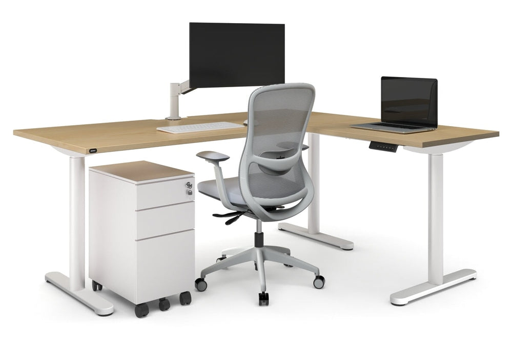 Flexi Height Adjustable Corner Workstation [1800L x 1450W]-black leg dark oak 