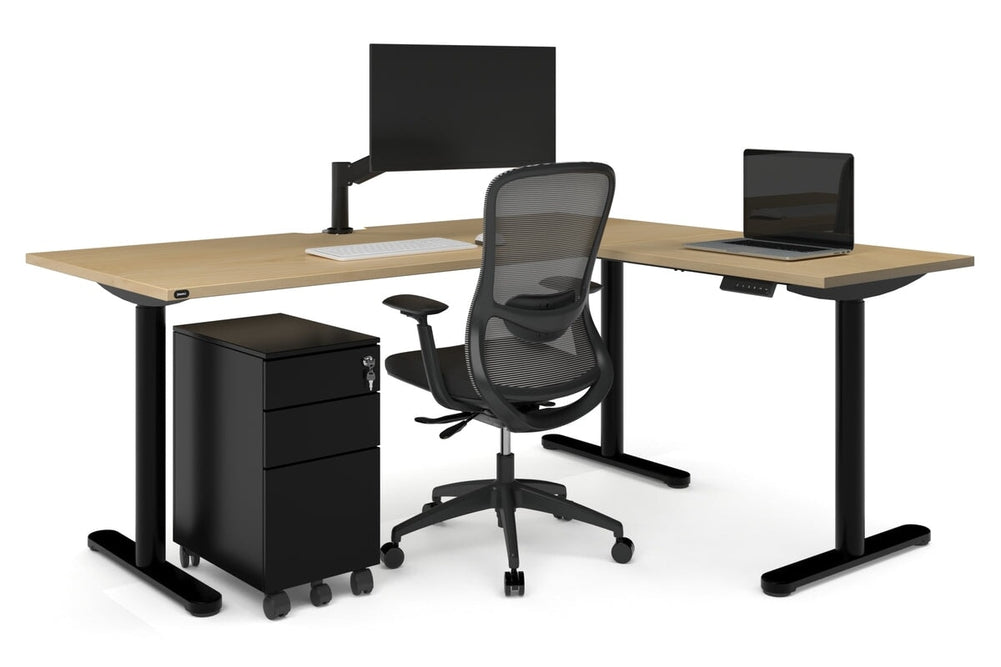 Flexi Height Adjustable Corner Workstation [1800L x 1700W]-black leg dark oak 