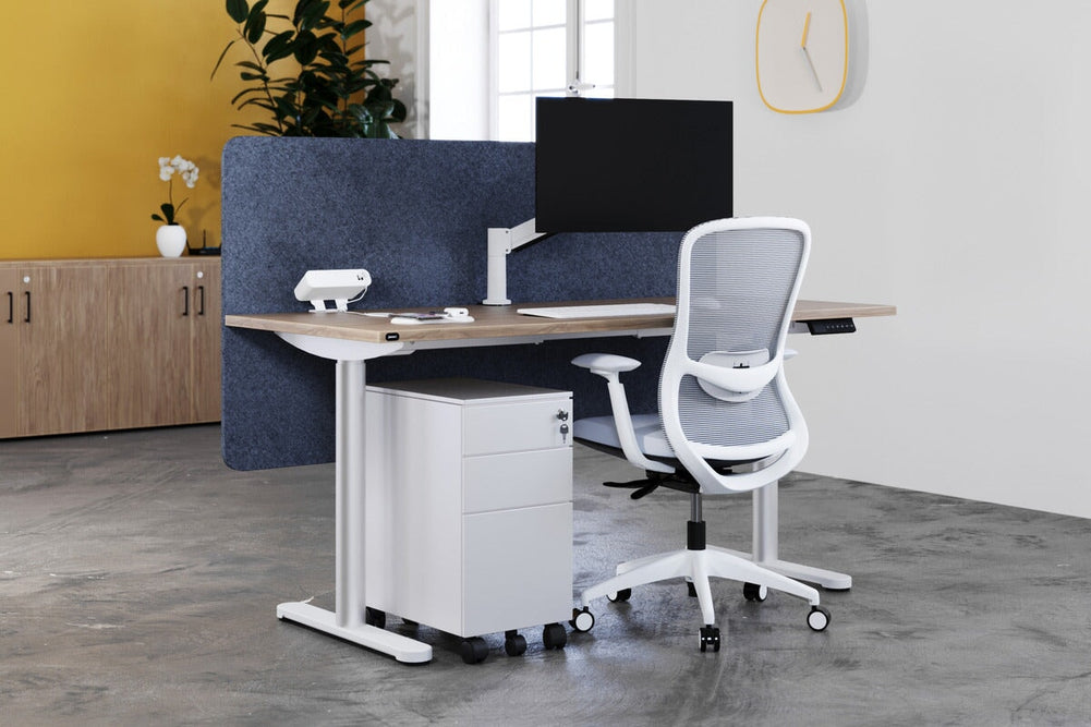 Flexi Height Adjustable Single Workstation [1400L x 800W with Cable Scallop]-black leg dark oak moody charchoal (1200H x 1400W)