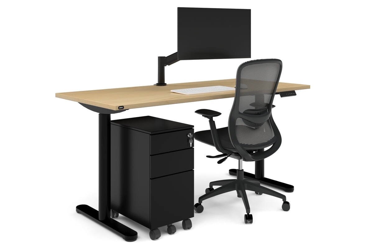 Flexi Height Adjustable Single Workstation [1600L x 800W with Cable Scallop]-black leg dark oak moody charchoal (1200H x 1600W)